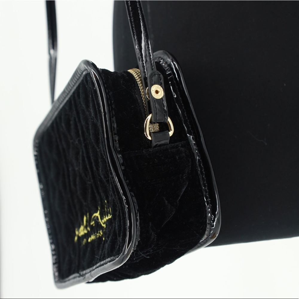 Kendall + Kylie Black Velvet Quilted Mini Crossbody Bag Gold Logo